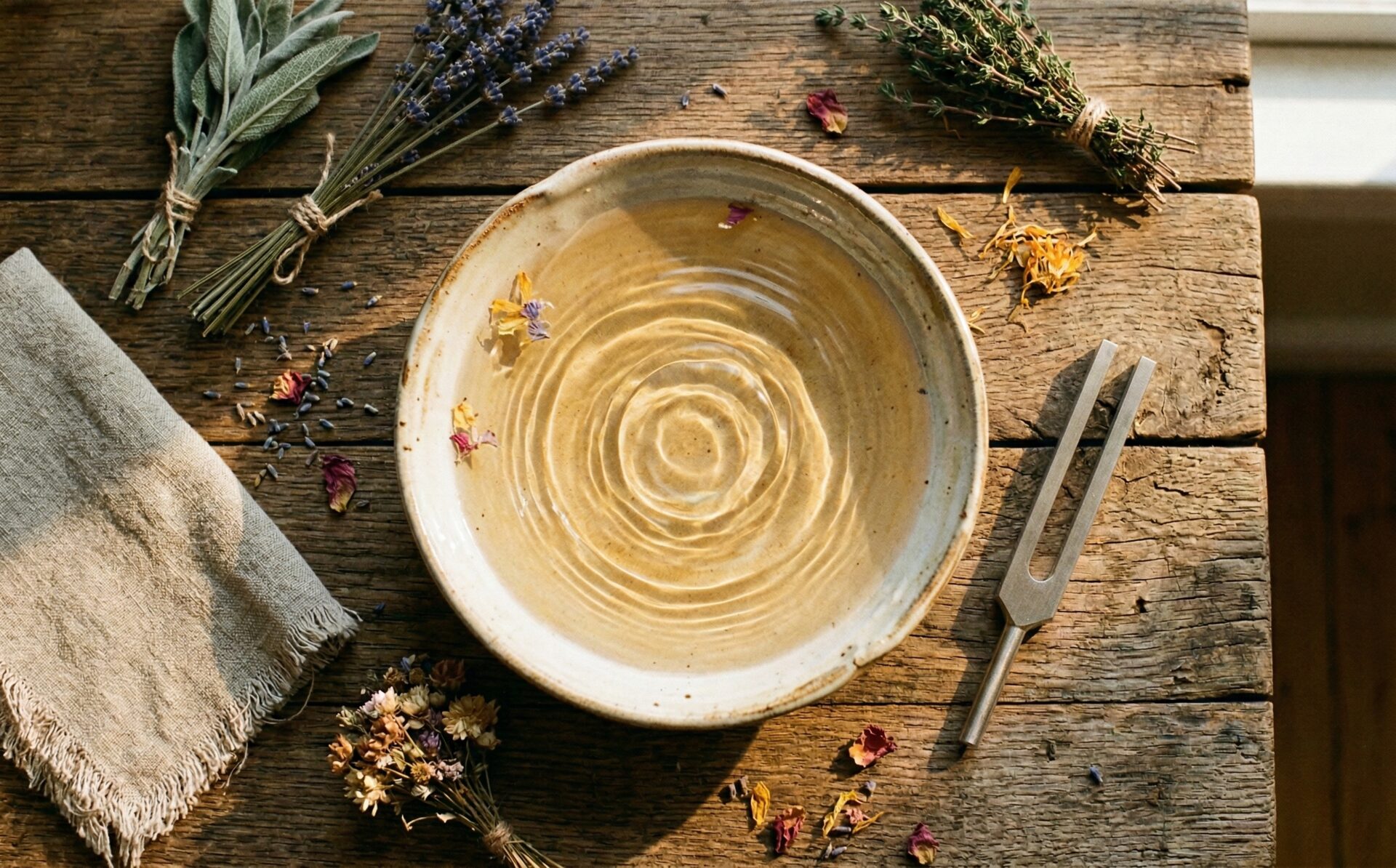 A tuning fork beside a ceramic dish showing cymatics water patterns, illustrating the science of sound vibration in warm natural light
