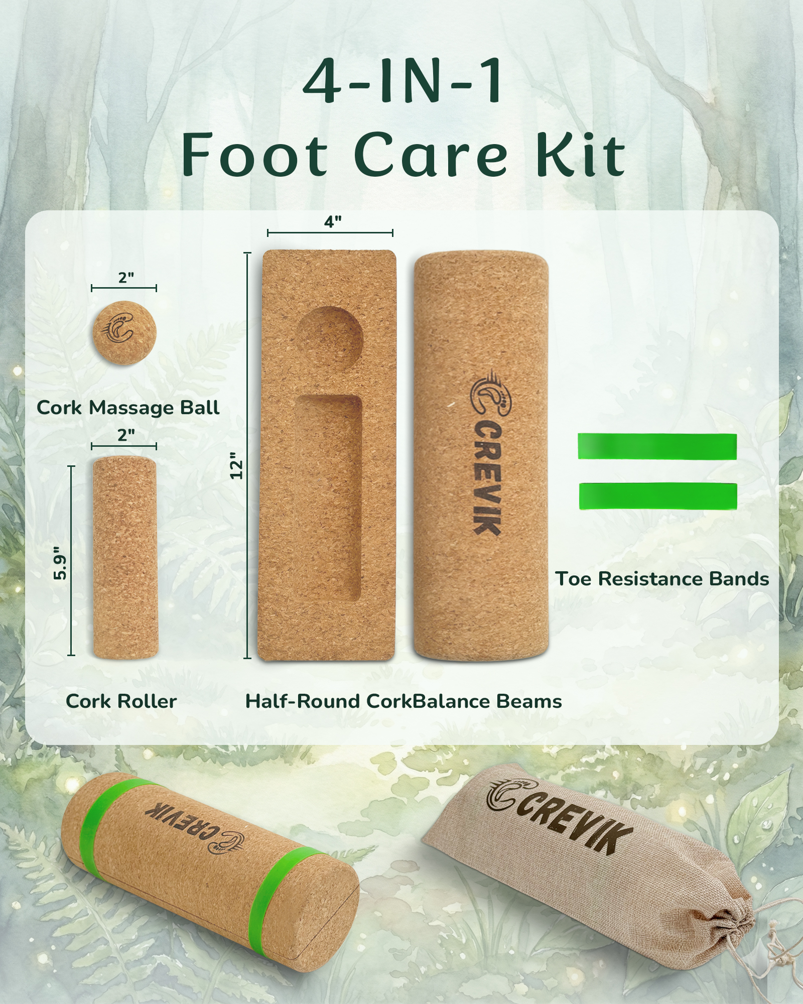 4-in-1 foot care kit — cork massage ball, cork roller, half-round balance beams, toe resistance bands with dimensions