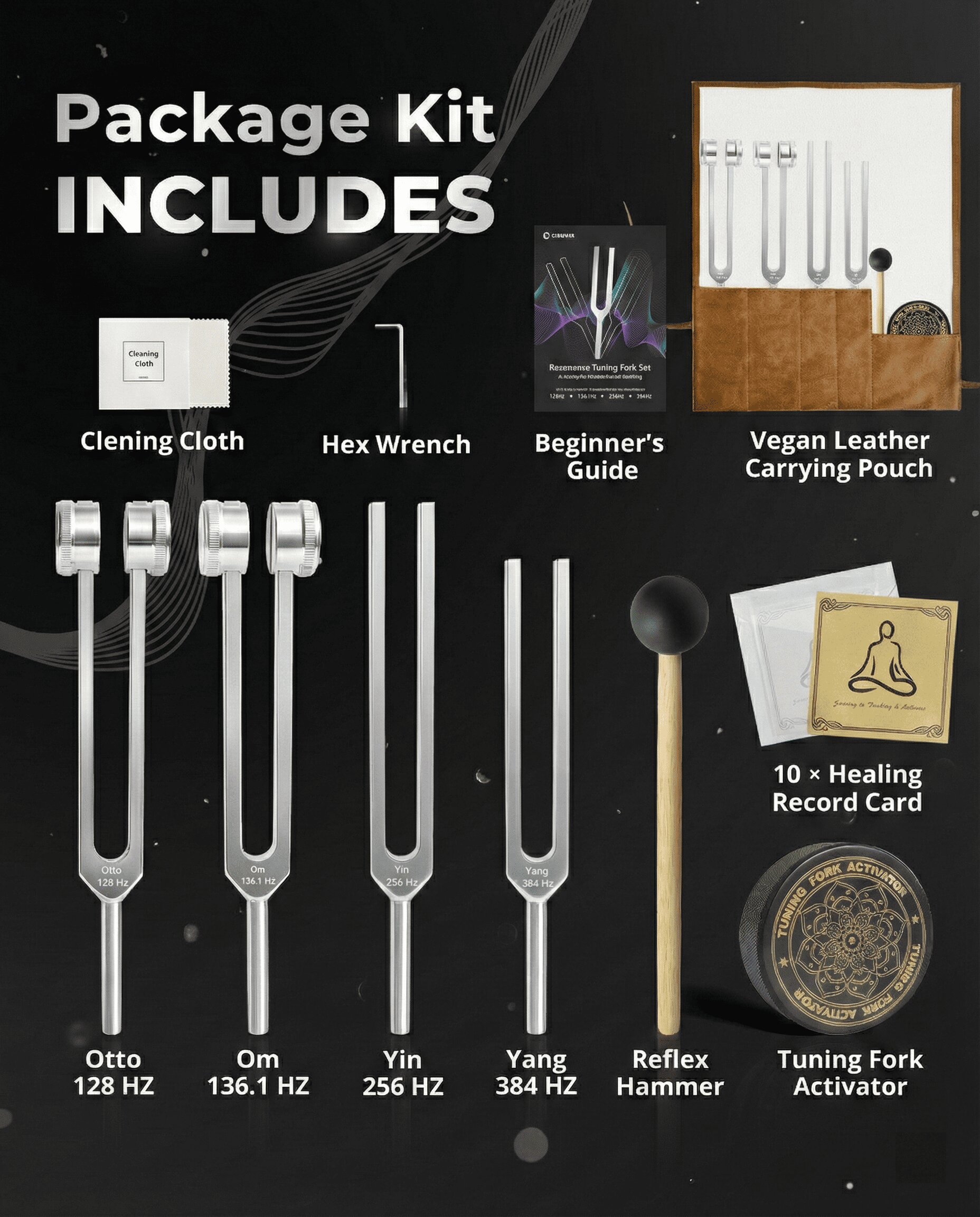 Package contents — 4 tuning forks, cleaning cloth, hex wrench, guide, pouch, healing cards, activator, and hammer